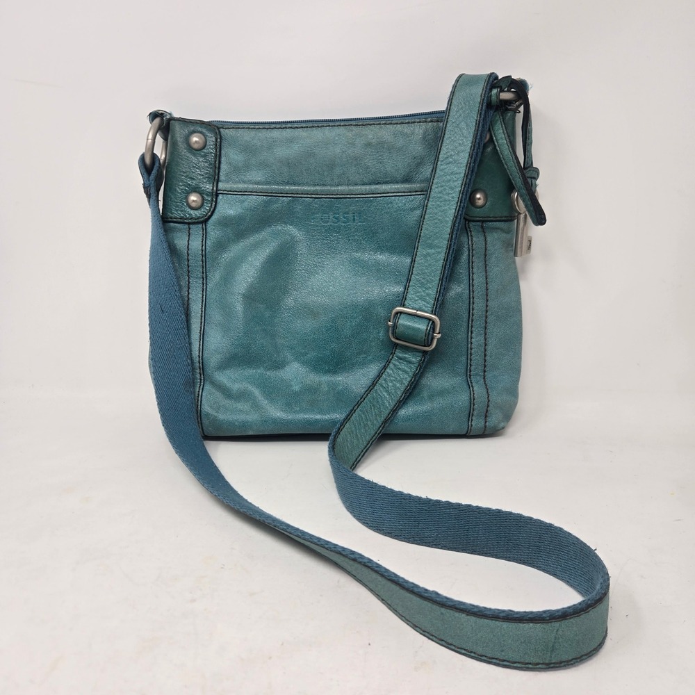 Fossil Teal Leather Crossbody Bag Small Messenger Purse with Key Charm